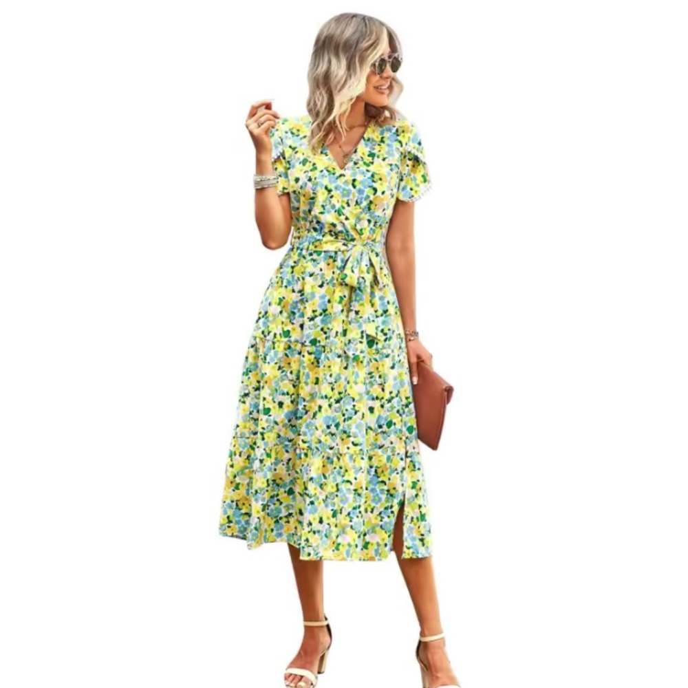 Lightweight swing green yellow blue flower wrap dress Small  4-6 spring summer